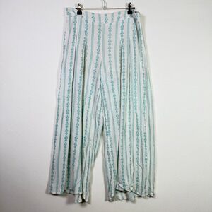 EN CREME Ivory Teal Floral Stripe Wide Leg Pleated Gauze Pants‎ Large